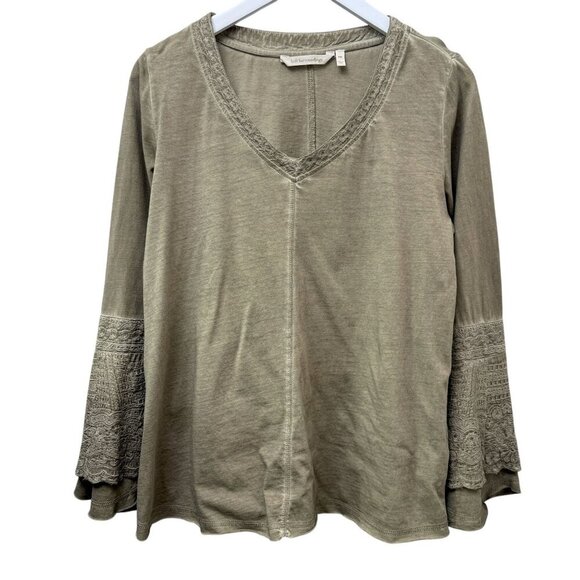 Soft Surroundings Boho Tee Size Medium Petite Green Distressed Womens Top - Picture 1 of 10